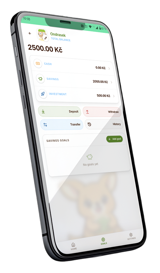Kinny mobile app: Magic Pocket home screen with balances, buckets, and quick actions